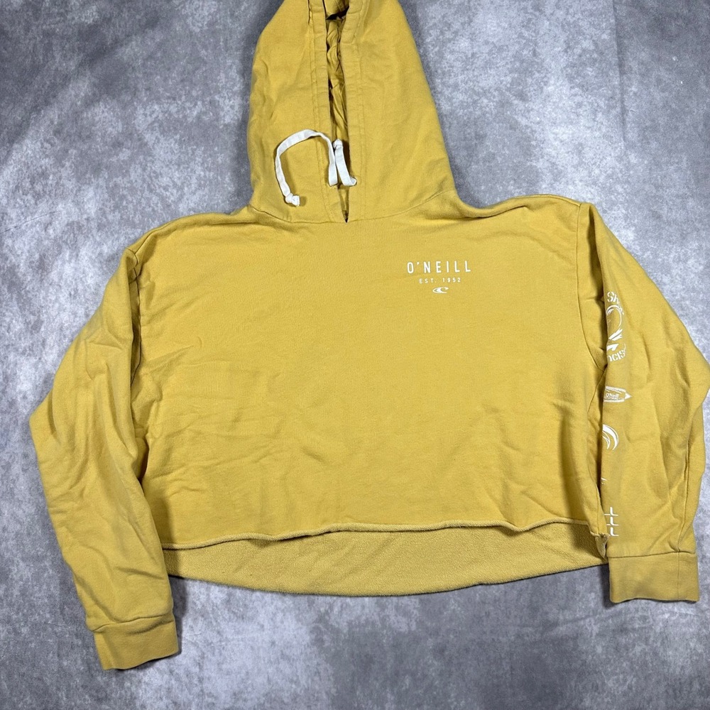O'Neill Womens L Yellow Cropped Hoodie Surf Sleeve Graphic Raw Hem Large Beach